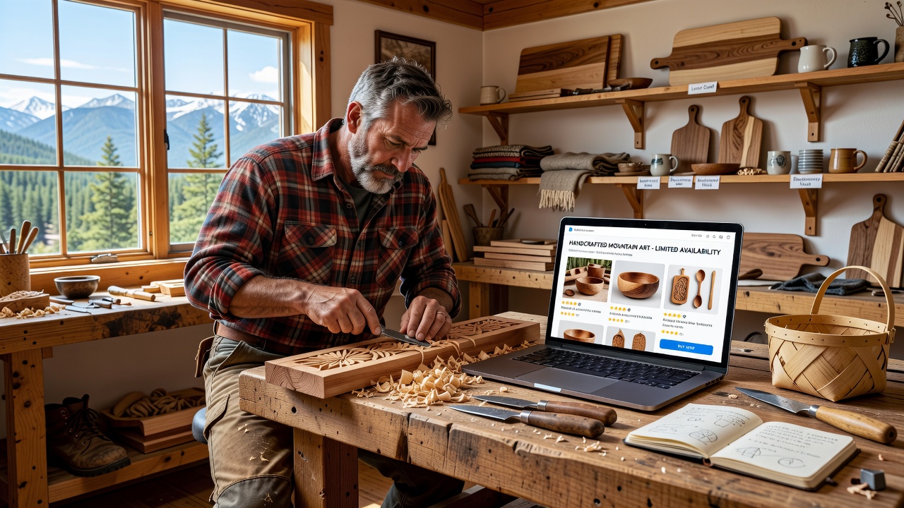 Artisan reviewing digital listing analytics on a laptop inside a remote cabin
